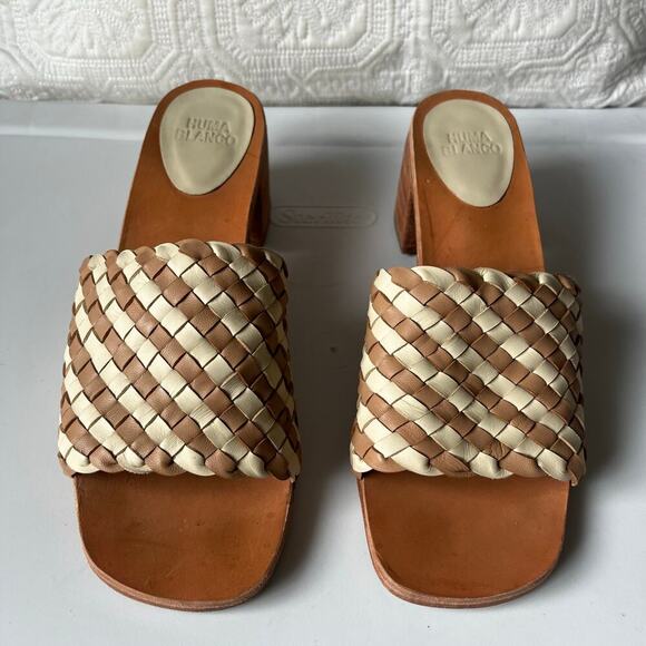 Huma Blanco  Gia Leather Woven Wooden Sandal Tan Cream Size 40/ 10 - Picture 5 of 6